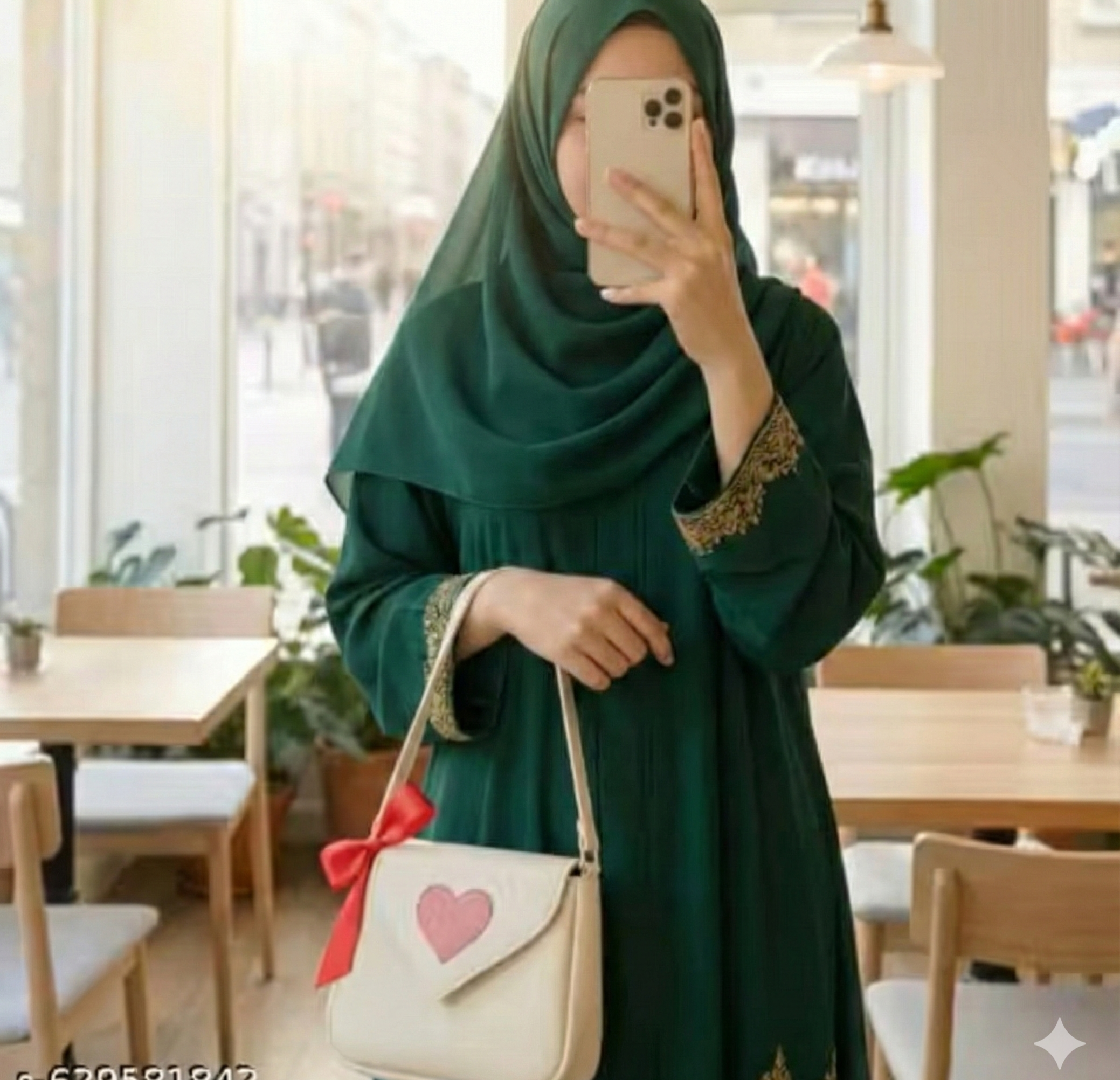 Izaan Place Premium Embroidered Abaya Green Colour with Free Designer Sling Bag | Elegant Modest Wear Combo Set for Women | High-Quality Georgette Burqa with Stylish Purse